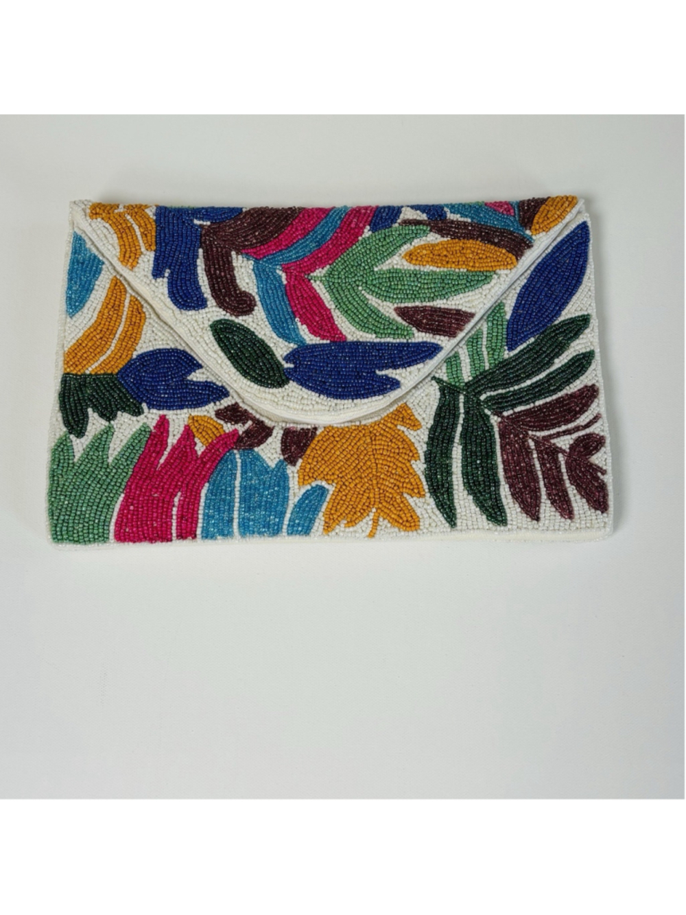 Lulus Vibrant Charm White Multi Beaded Clutch Envelope Bag Floral Leaf Tropical